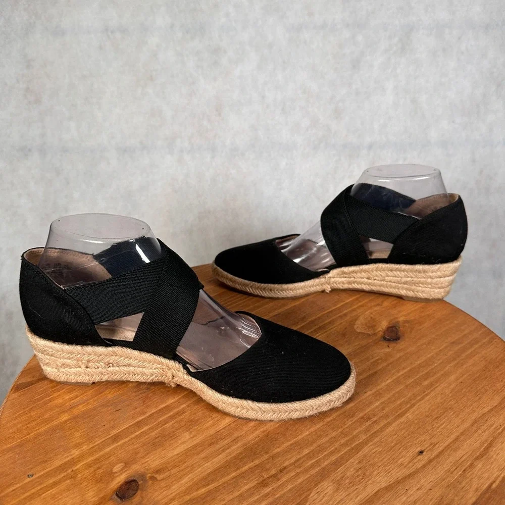 LifeStride Keaton Wedge Espadrilles Women 8.5M Black Good Crisscross Straps